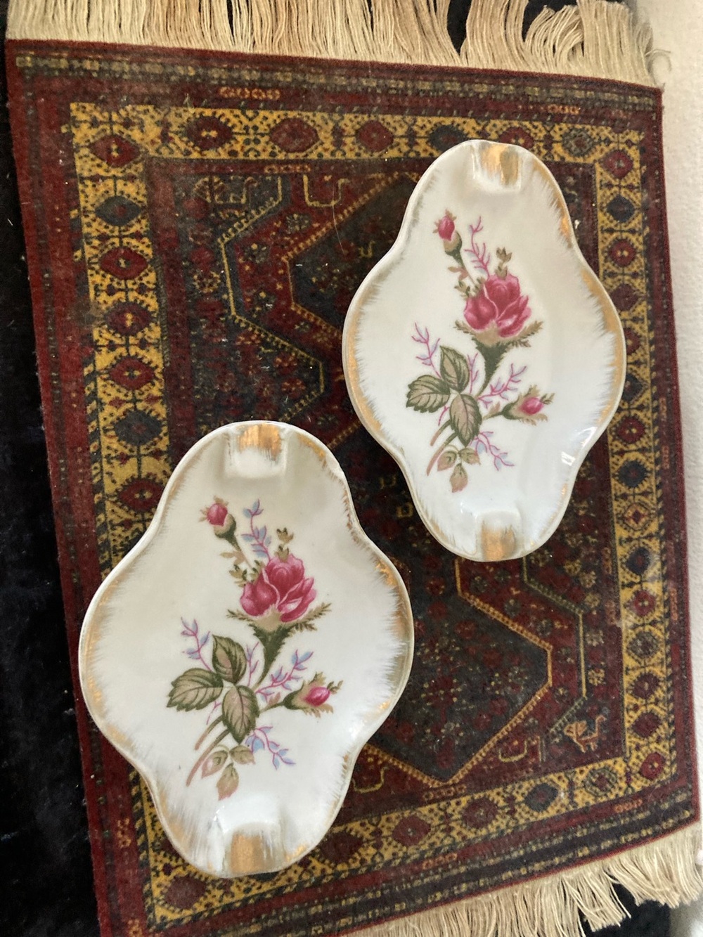 Moss Rose Mini Ash Tray Trinket Dish Set - Porcelain Pink Floral Design